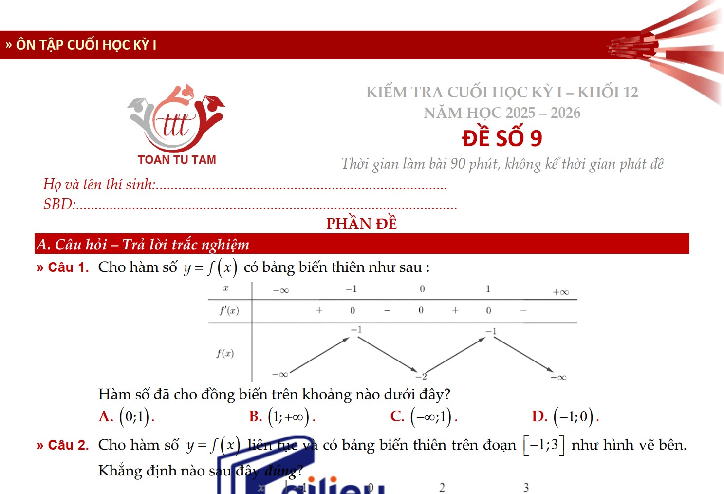 Đề kiểm tra học kì 1 Toán 12 Kết nối tri thức theo form 2026 Tự Tâm - Đề 9